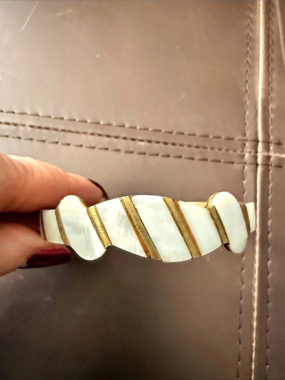 White & Brassy Gold Inlay Cuff Bracelet